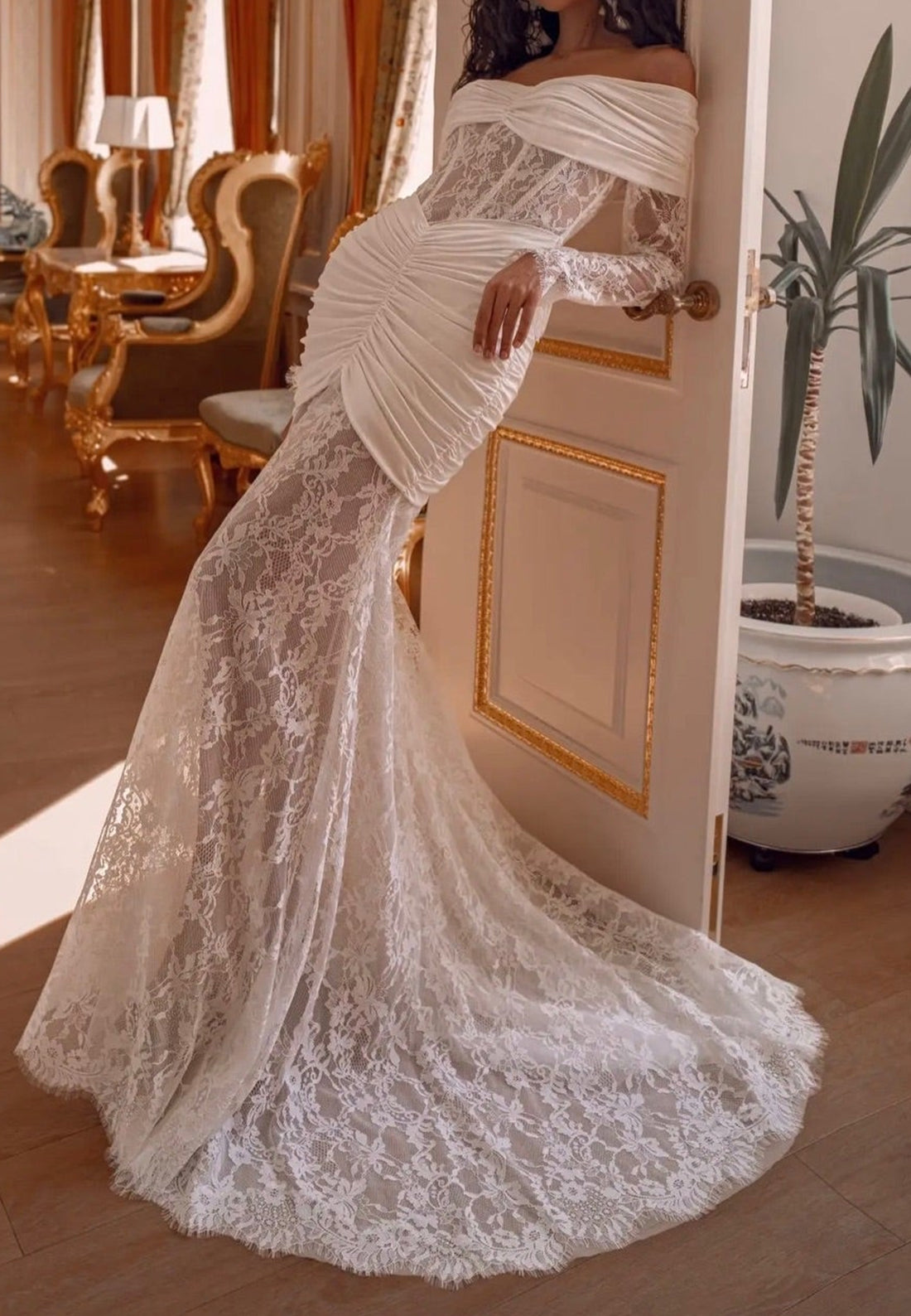 Off-the-Shoulder Ruched Lace Mermaid Wedding Dress
