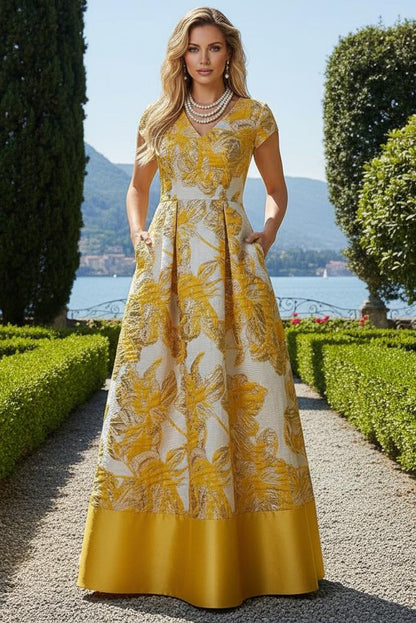 Floral Jacquard A-Line Gown with Pockets