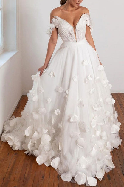 Off-the-Shoulder 3D Petal Tulle Ball Gown Bridal Dress