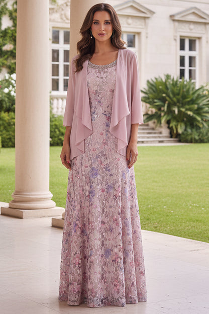 Floral Lace A-Line Gown with Chiffon Jacket Two-Piece Set
