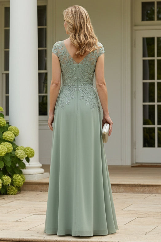Embroidered Cap Sleeve A-Line Chiffon Gown
