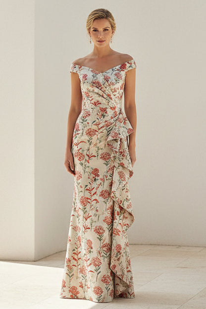 Off Shoulder Floral Jacquard Ruffle Gown