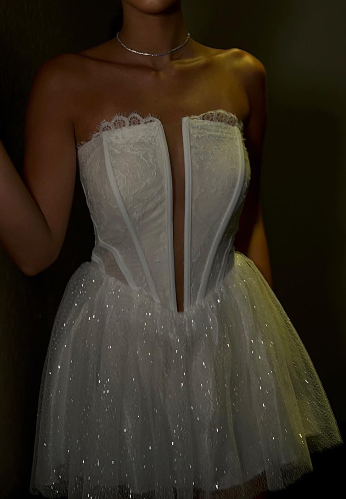 Plunging Corset Lace Mini Dress with Shimmer Skirt