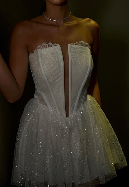 Plunging Corset Lace Mini Dress with Shimmer Skirt
