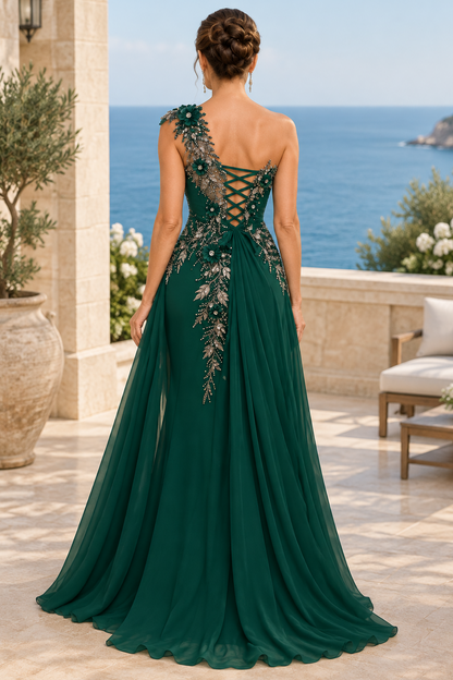 One-Shoulder Floral Appliqué Gown with Overskirt