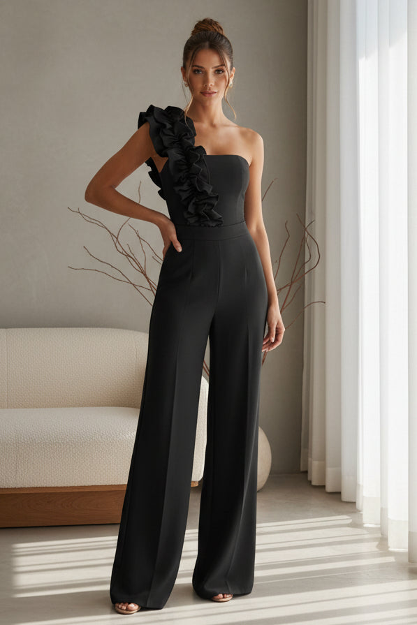 One-Shoulder Ruffle Wide-Leg Jumpsuit