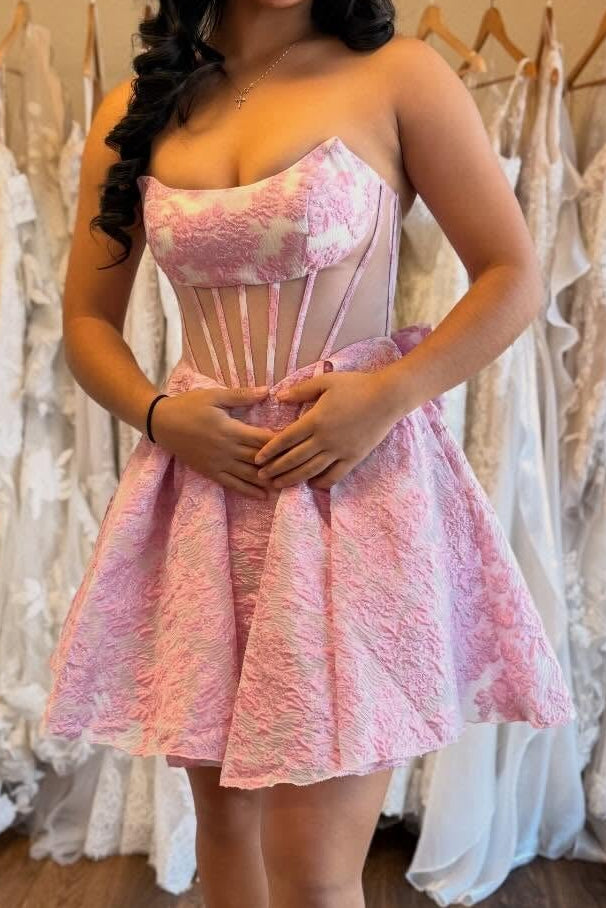 Strapless Jacquard Mini Dress with Sheer Corset