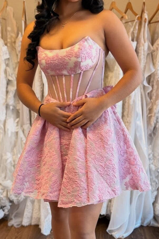 Strapless Jacquard Mini Dress with Sheer Corset