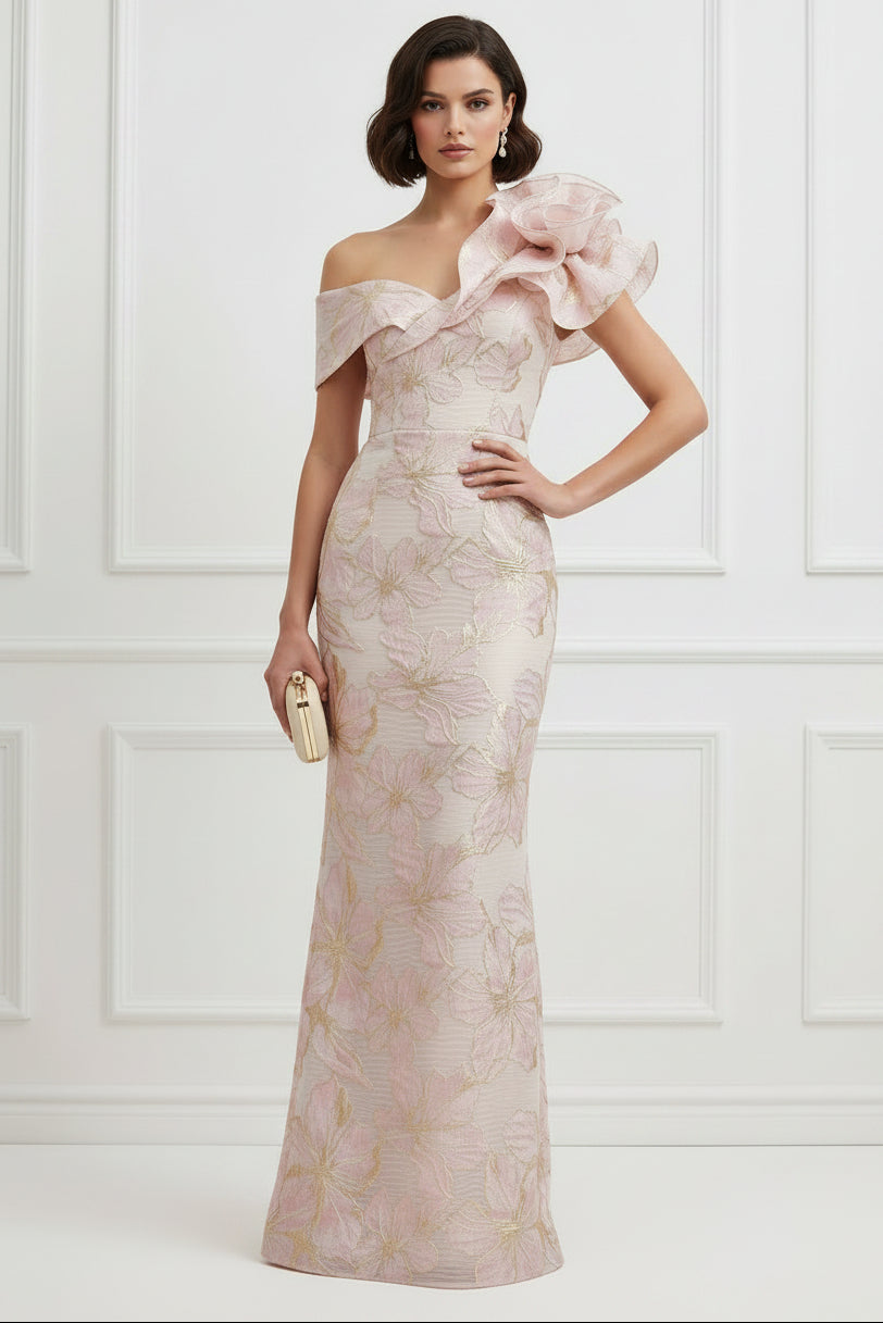 One-Shoulder Metallic Jacquard Column Evening Gown