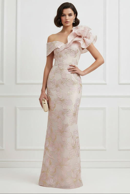 One-Shoulder Metallic Jacquard Column Evening Gown