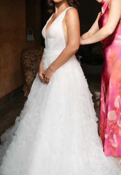 Deep V-Neck Textured Tulle A-Line Wedding Dress