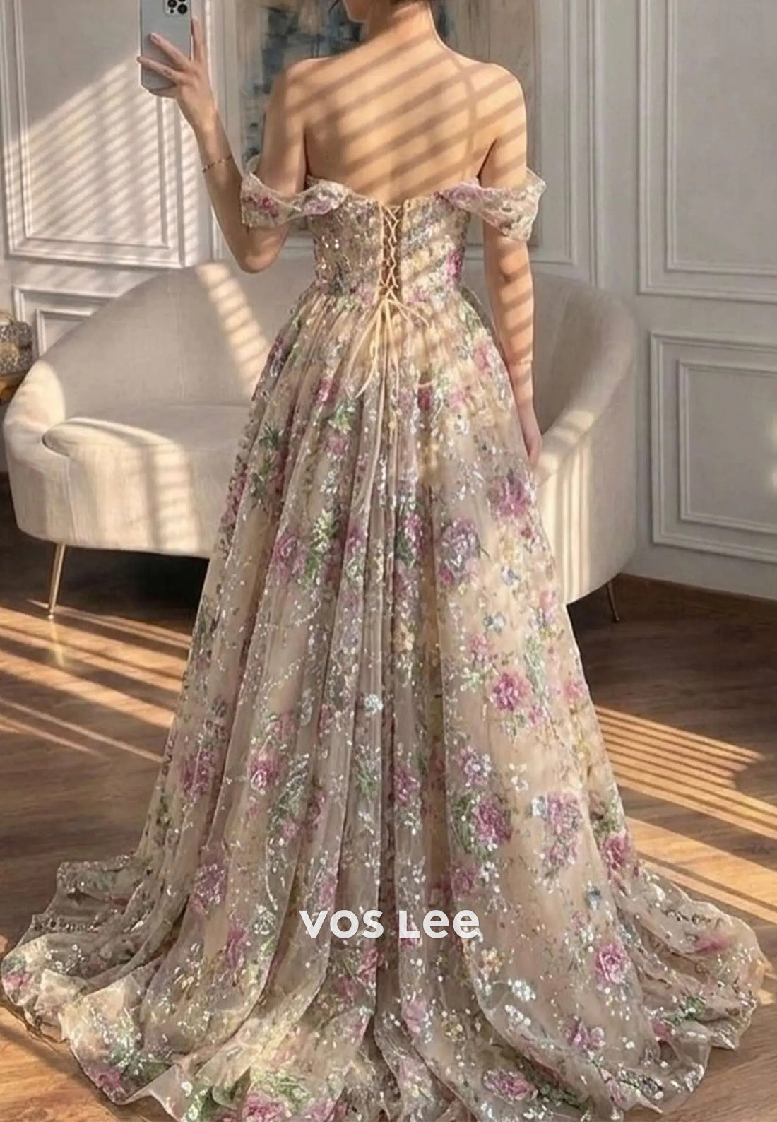 Off-the-Shoulder Floral Embroidered A-Line Gown