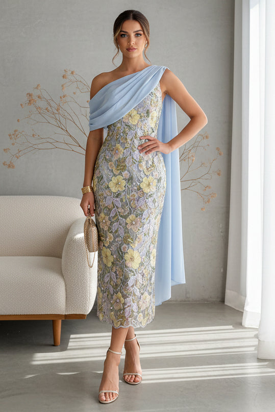 Embroidered Floral Midi Sheath Dress with Draped Shoulder