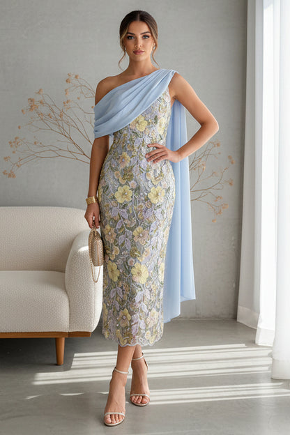 Embroidered Floral Midi Sheath Dress with Draped Shoulder