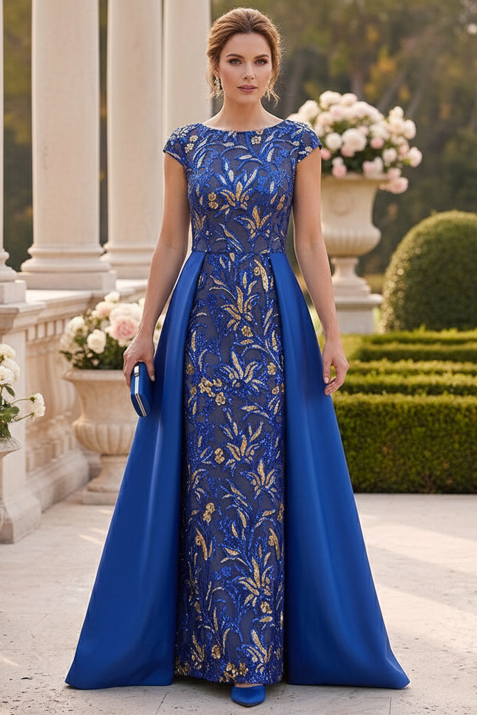 Sequin Embroidered Gown with Satin Overskirt
