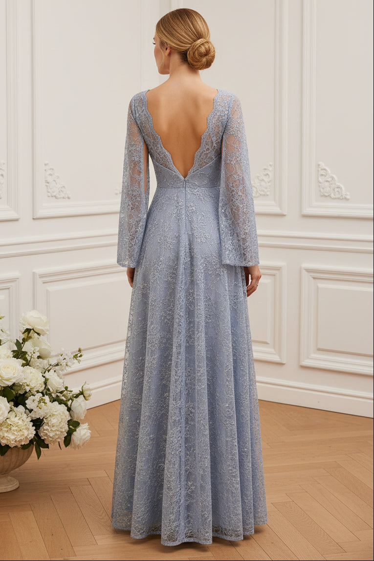 A-Line Lace Maxi Dress with Split Cape Sleeves