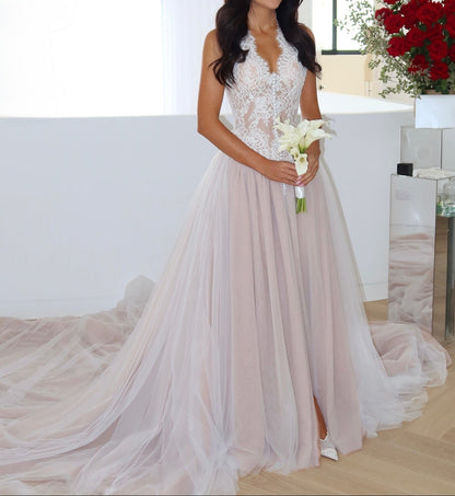 Lace Corset Bodice Tulle Wedding Dress with Train