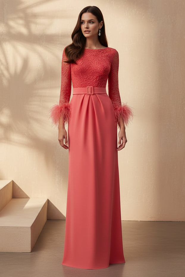 Feather Cuff Lace Bodice Evening Gown