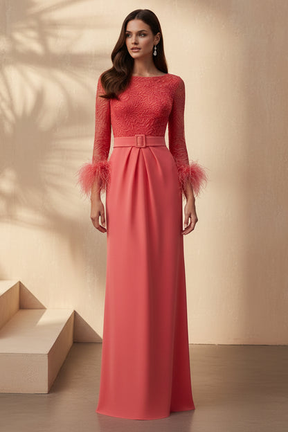 Feather Cuff Lace Bodice Evening Gown