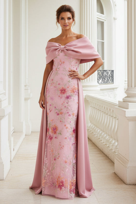 Off-the-Shoulder Embroidered Gown with Overskirt
