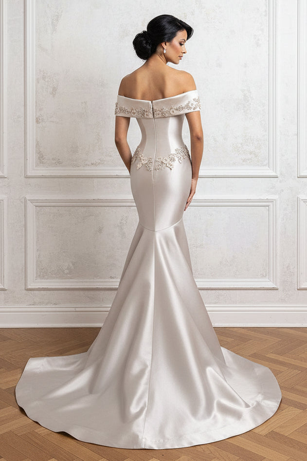 Off-the-Shoulder Mermaid Gown with Floral Appliques