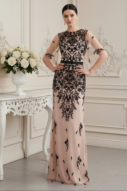Embroidered Lace Flutter Sleeve Evening Gown