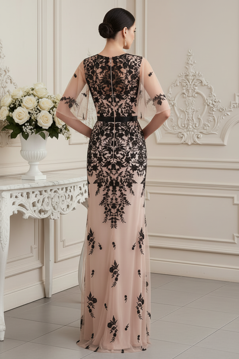Embroidered Lace Flutter Sleeve Evening Gown