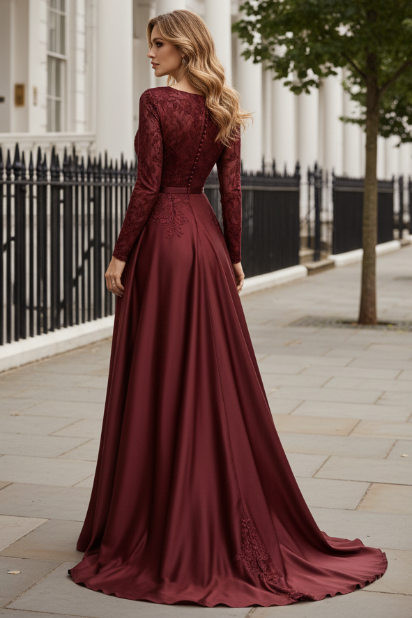 Long Sleeve Embroidered Satin A-Line Gown