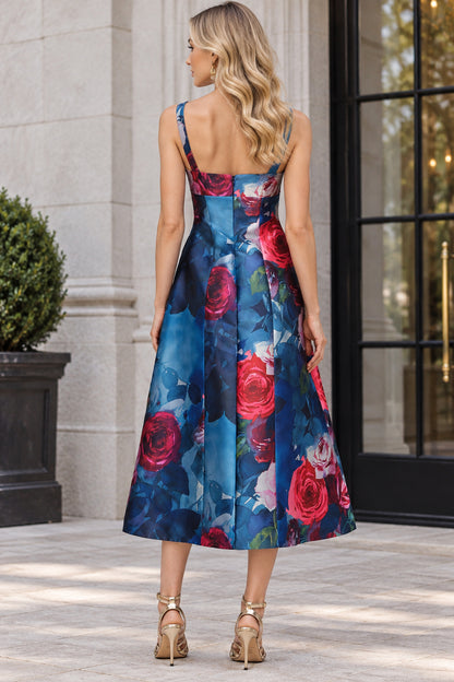 Floral Print Pleated Midi A-Line Dress
