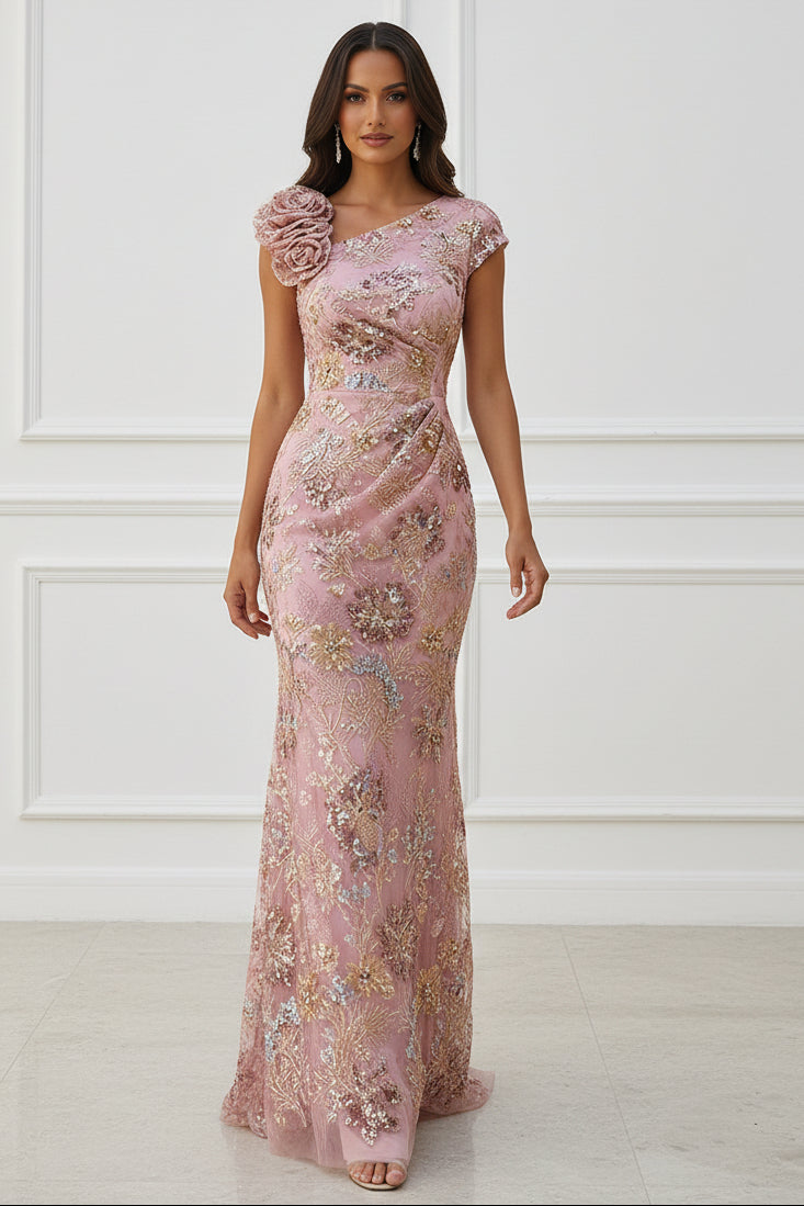 Sequined Cap Sleeve Column Gown with 3D Flower
