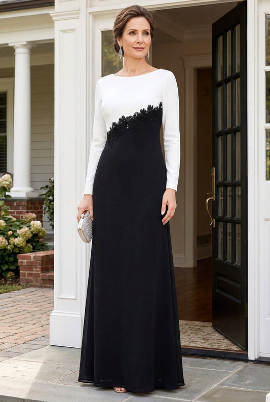 Long Sleeve Asymmetric Applique Floor-Length Gown