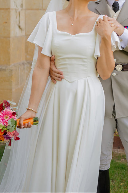 A-Line Bridal Gown with Flutter Sleeves & Lace