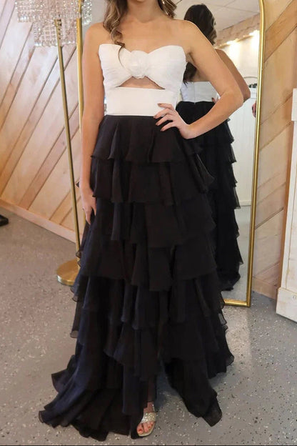 Strapless Tiered Floral Ruffle Gown with Slit