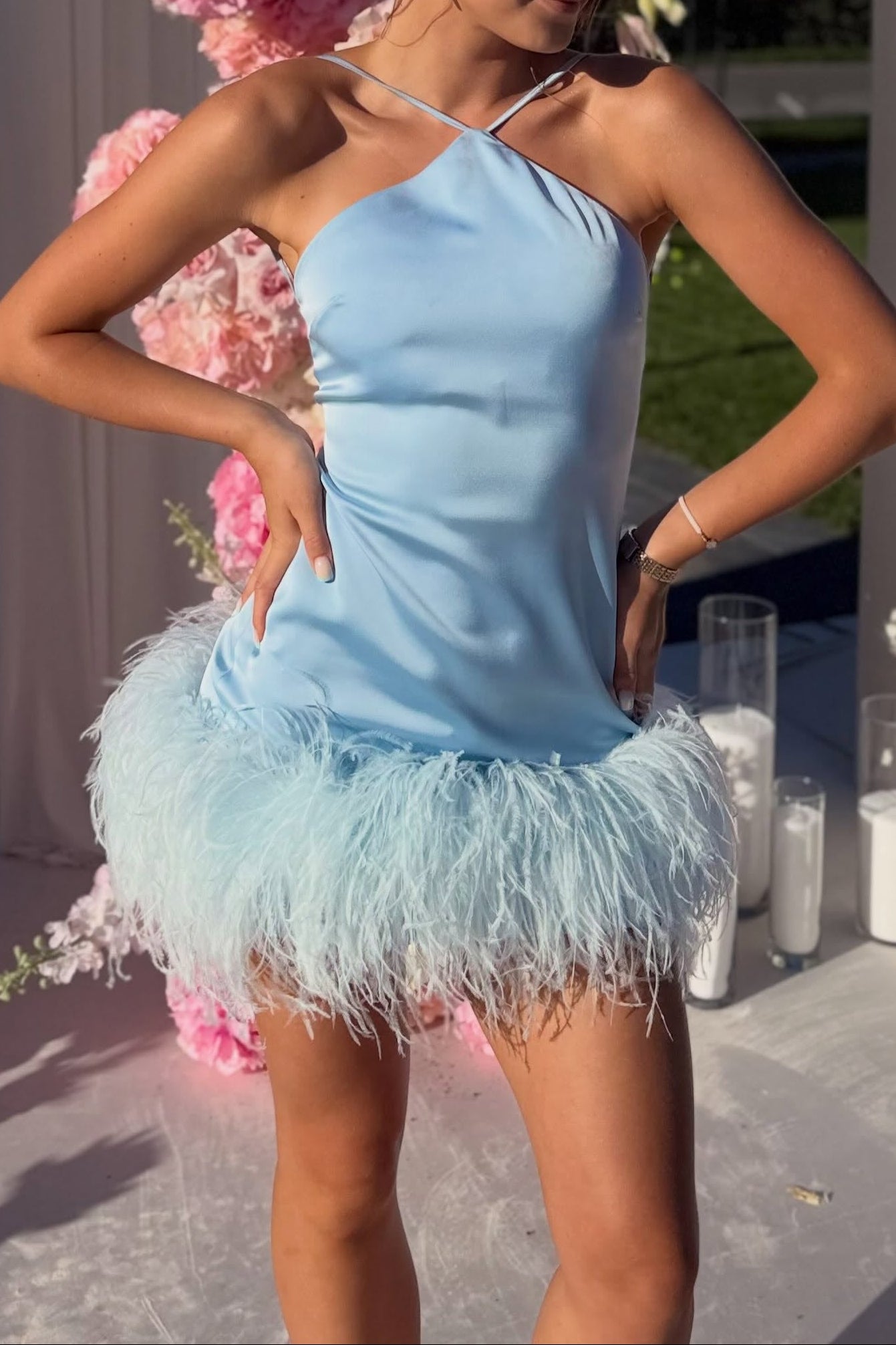 Satin Halter Mini Dress with Feather Trim