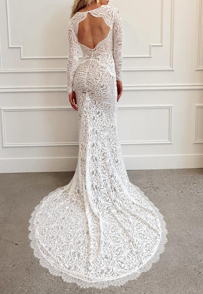Lace Long Sleeve Keyhole Back Wedding Dress