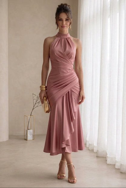 Halter Neck Ruched Satin Midi Dress