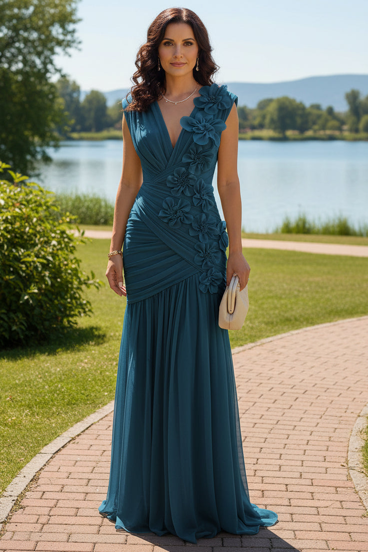 Ruched Floral Appliqué Floor-Length Evening Gown