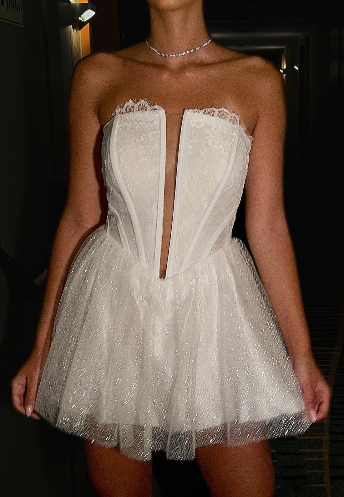 Plunging Corset Lace Mini Dress with Shimmer Skirt