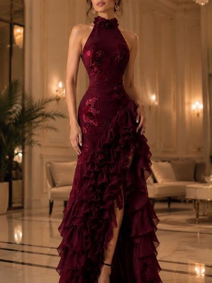 Halter Floral Applique Ruffled High-Slit Gown