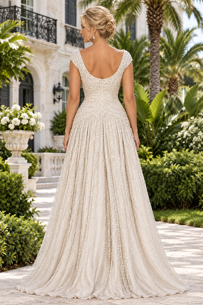 Pleated Bodice Beaded Cap Sleeve Evening Gown