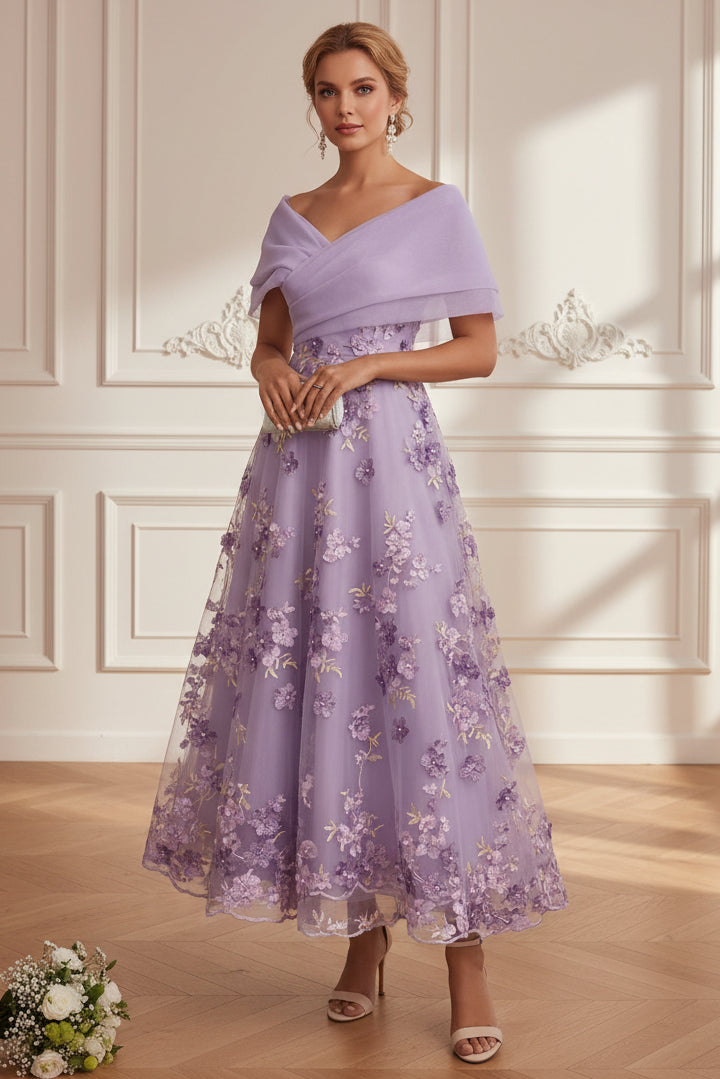 Off-the-Shoulder 3D Floral Tea-Length Dress
