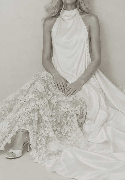 Halter High-Low Draped Train Gown with Lace