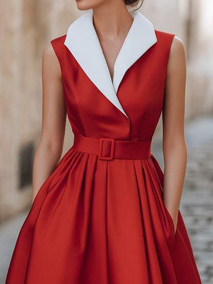 Collared Sleeveless Satin Fit and Flare Midi Dress