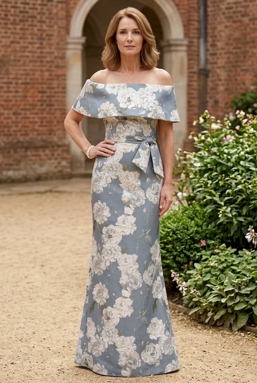 Floral Off-the-Shoulder Column Gown with Sash
