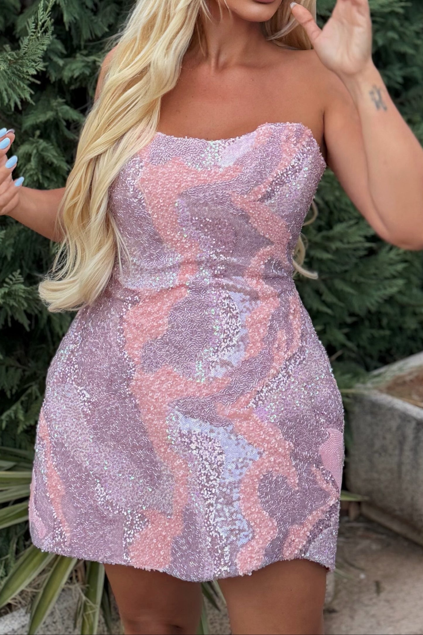 Strapless Swirl Pattern Sequin Mini Dress