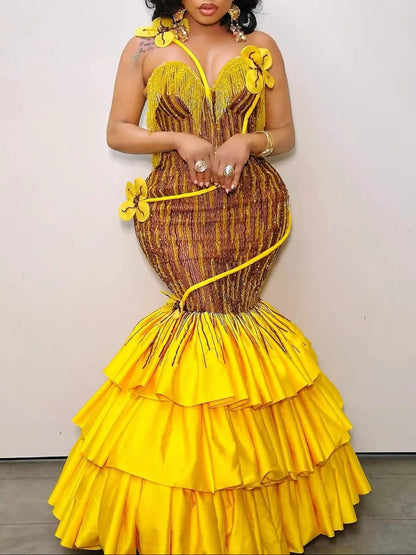 Beaded Mermaid Evening Gown with Tiered Ruffle Skirt