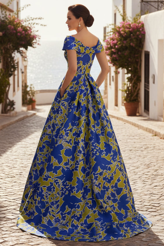Off-the-Shoulder Floral Print Ball Gown with Pockets