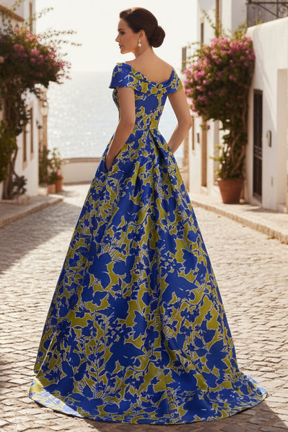 Off-the-Shoulder Floral Print Ball Gown with Pockets
