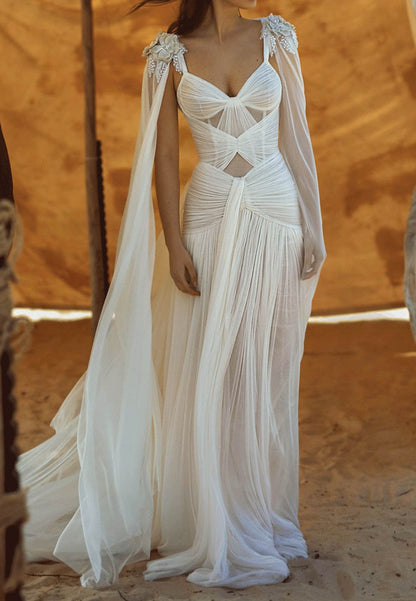 Ruched Chiffon Bridal Gown with Cape Sleeves