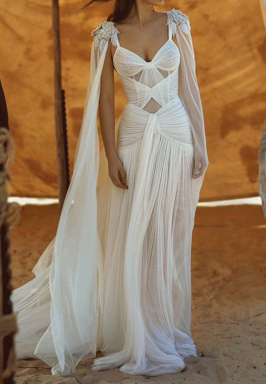 Ruched Chiffon Bridal Gown with Cape Sleeves